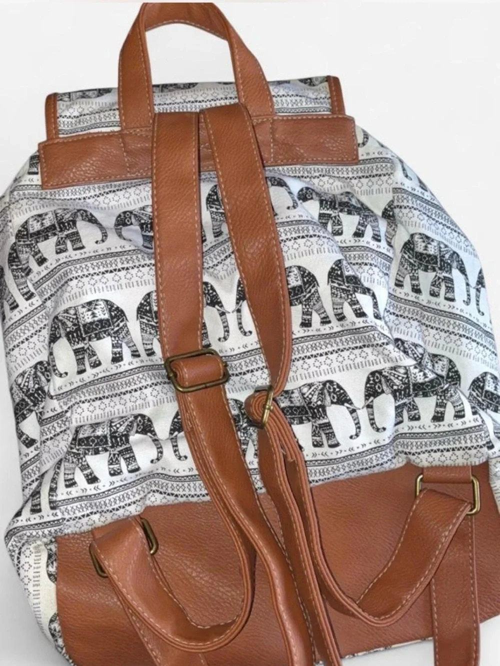 Boho Elephant Print Canvas Backpack with Brown Trim